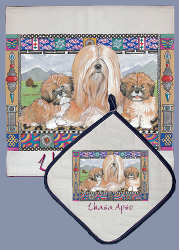Picture of Pipsqueak Productions DP994 Dish Towel and Pot Holder Set - Lhasa Apso