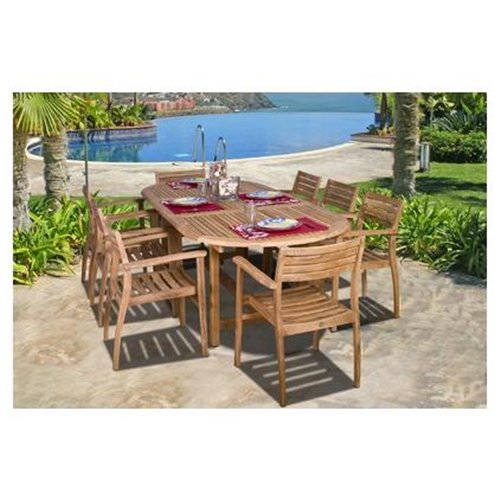 SC Dian-Oval-Ninia Teak Dining Set - Light Brown - 9-Piece - Extendable Table