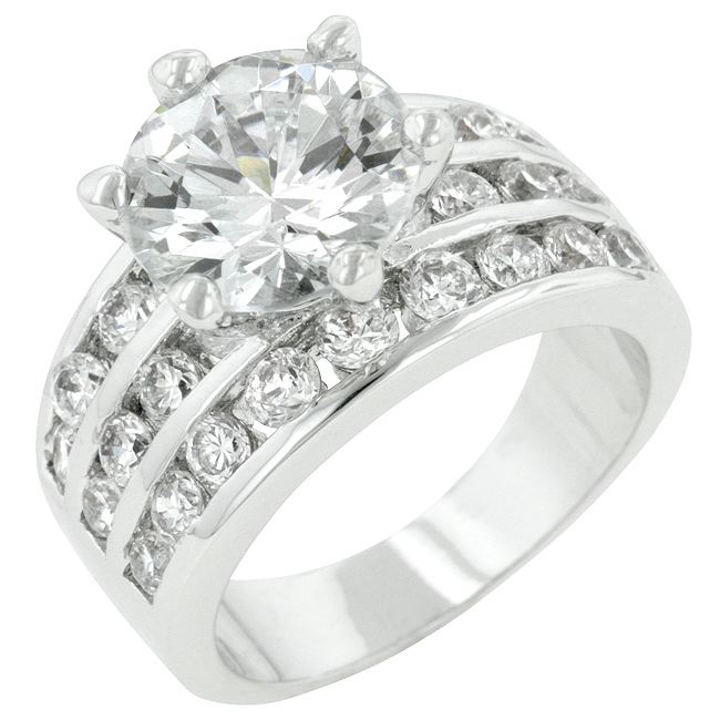 Picture of Kate Bissett R05629R-C01-06 Genuine Rhodium Plated Classic Round CZ Engagement Ring Featuring 4 Row Channel Set Shoulders in Silvertone- Size 6