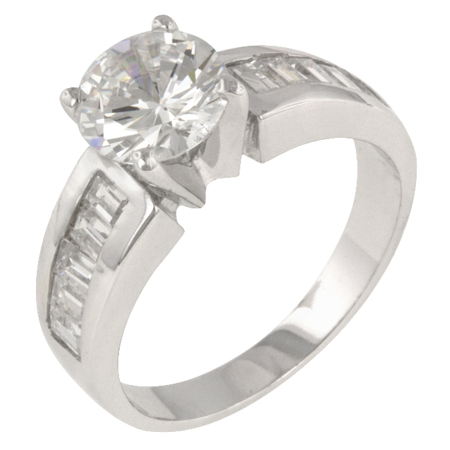 R06884R-C01-06 Genuine Rhodium Plated Engagement Ring with Channel Set Baguette CZ and Round Cut Clear CZ Center Stone in Silvertone- Size 6