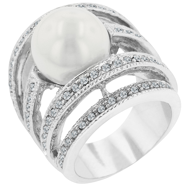 R07023R-V01-05 Genuine Rhodium Plated Right-hand Fashion Ring with Shell Pearl and Round Cut Clear CZ in a Channel Setting in Silvertone- Size 5