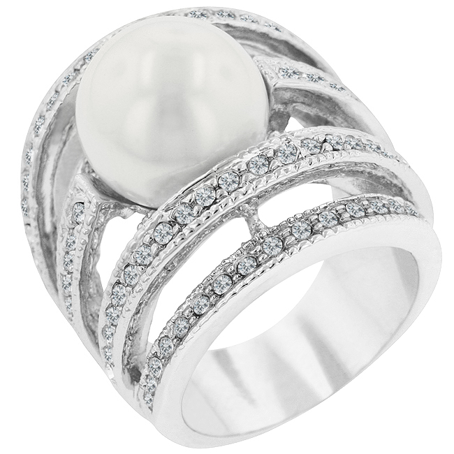 Picture of Kate Bissett R07023R-V01-07 Genuine Rhodium Plated Right-hand Fashion Ring with Shell Pearl and Round Cut Clear CZ in a Channel Setting in Silvertone- Size 7