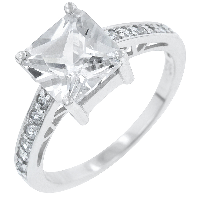 Picture of Kate Bissett R07052RS-C01-09 Genuine Rhodium Plated to .925 Sterling Silver Princess Isabella Ring with Clear CZ Center Stone and Shouldered Clear CZ Accents in Silvertone- Size 9