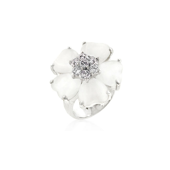 R07167R-C93-09 Genuine Rhodium Plated Floral Ring with Prong Set Cats Eye CZ and Round Cut Clear CZ Center Stone in Silvertone- Size 9