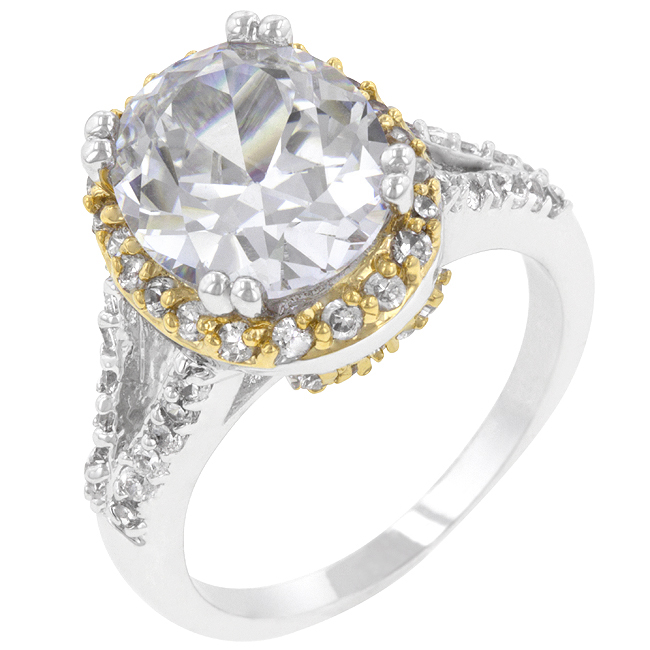 R07685T-C01-08 White Gold Rhodium and 18k Gold Plated Ring with Round Cut Clear CZ in a Prong Setting in Silver and Goldtone- Size 8