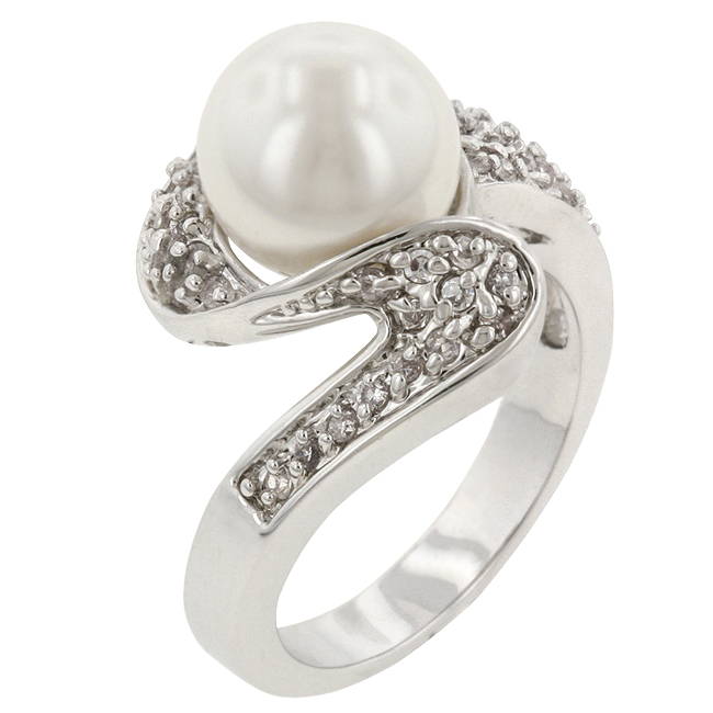 Genuine Rhodium Plated Fashion Ring with White Pearl and Round Cut Clear CZ in a Pave Setting in Silvertone- Size 10