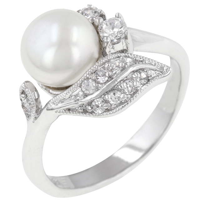 R08084R-C84-05 Genuine Rhodium Plated Antique Style Ring with White Pearl and Round Cut Clear CZ in a Prong Setting in Silvertone- Size 5