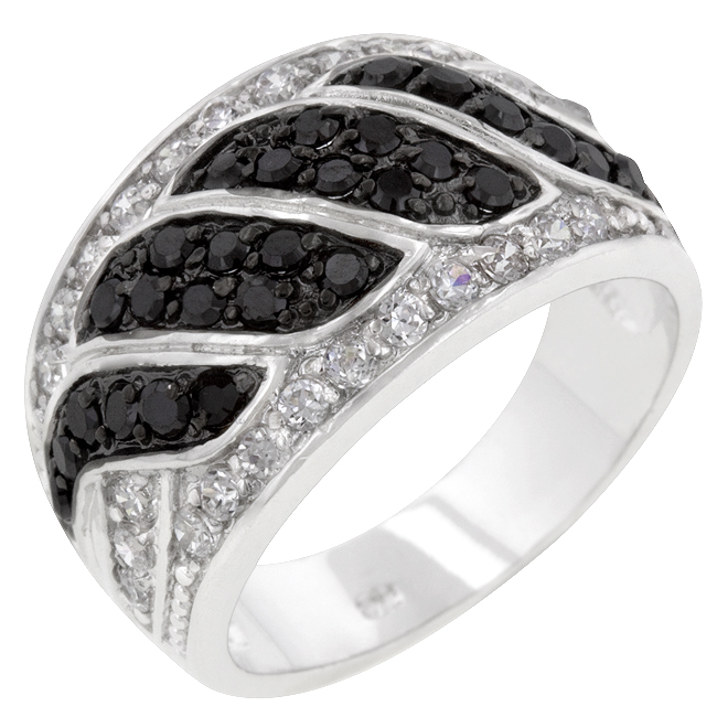 R08112T-C03-08 Genuine Rhodium Plated Cocktail Ring with Round Cut Clear CZ and Round Cut Black Onyx in a Pave Setting in Silvertone- Size 8