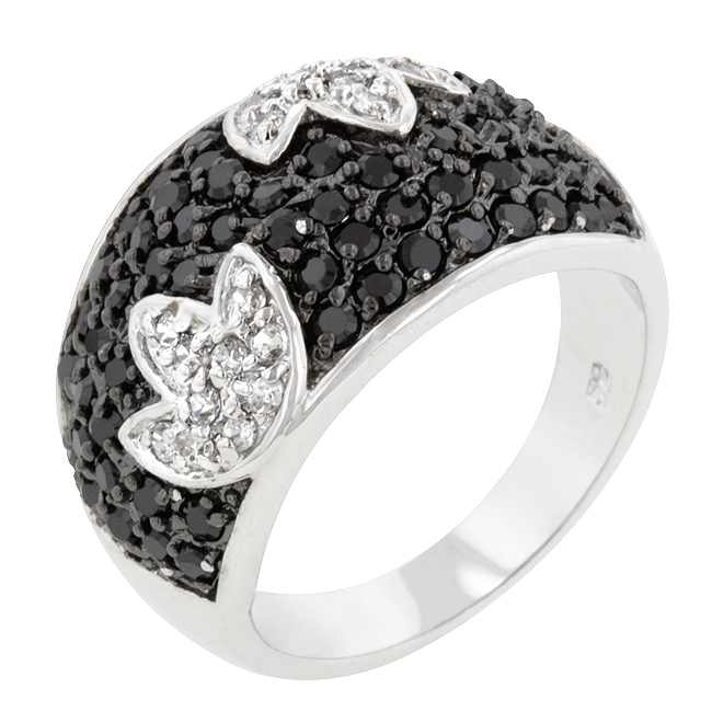 Genuine Rhodium Plated Cocktail Ring with Round Cut Clear CZ and Round Cut Black Onyx in a Pave Setting in Silvertone- Size 8