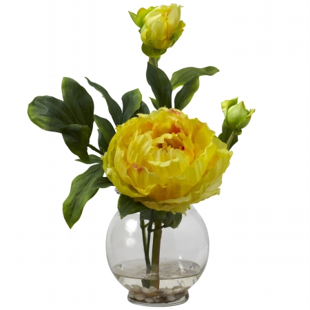 Picture of Nearly Natural 1278-YL Peony with Fluted Vase Silk Flower Arrangement
