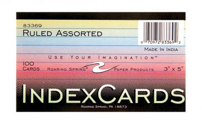 Case of Colored Index Cards 3"x5", 100 per pack, Ruled on Front, Blank on Back, 3 Colors