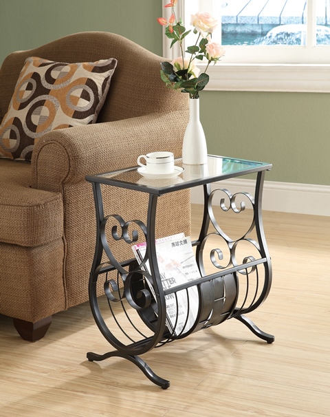 Picture of Monarch Specialties I 3314 Satin Black Metal Magazine Table With Tempered Glass