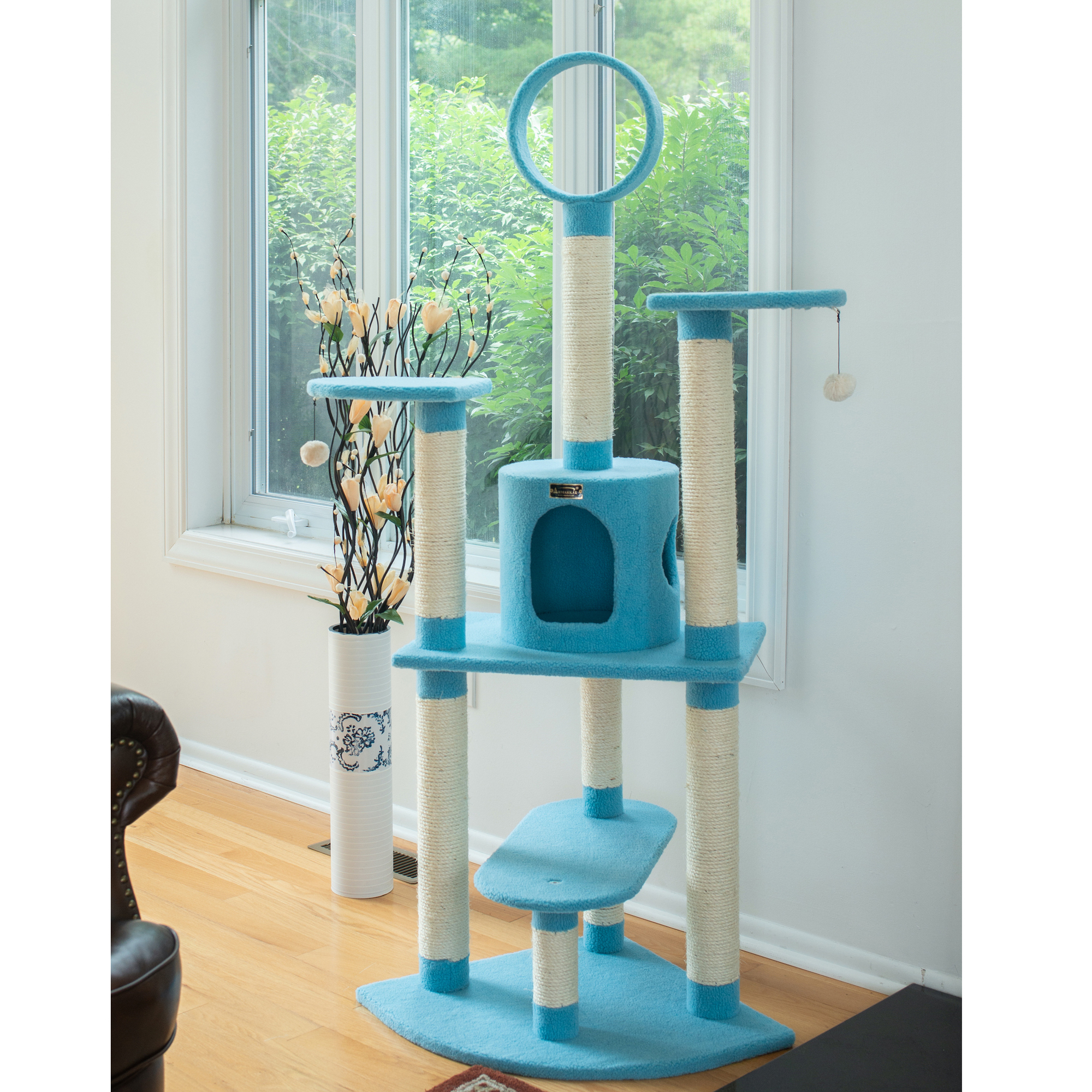 Picture of Armarkat B6605 65-Inch Classic Real Wood Cat Tree In Sky Blue  Jackson Galaxy Approved  Five Levels With Perch  Condo  Hanging Tunnel