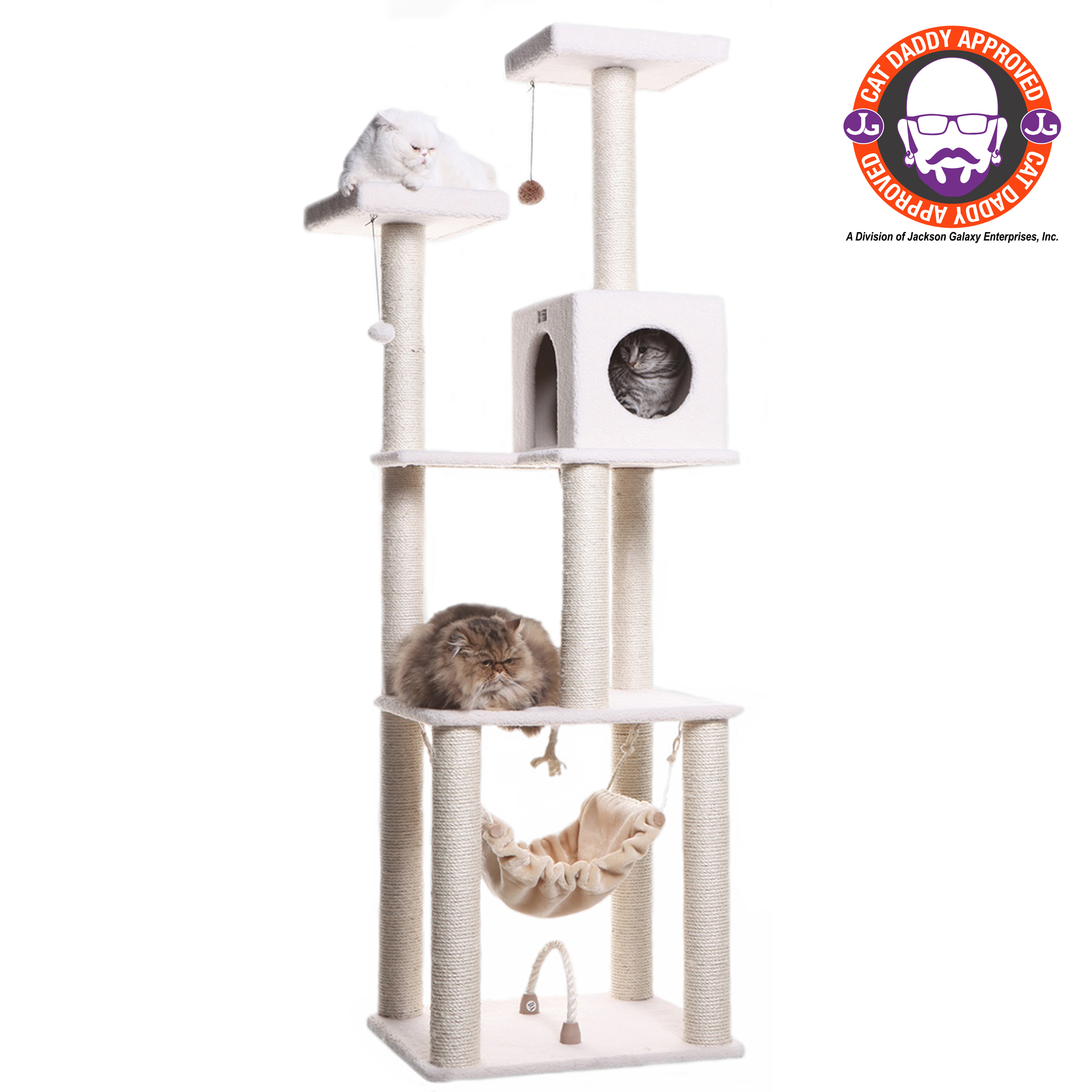 Picture of Armarkat B7301 Classic Real Wood Cat Tree In Ivory  Jackson Galaxy Approved  Four Levels With Rope SwIng  Hammock  Condo  and Perch