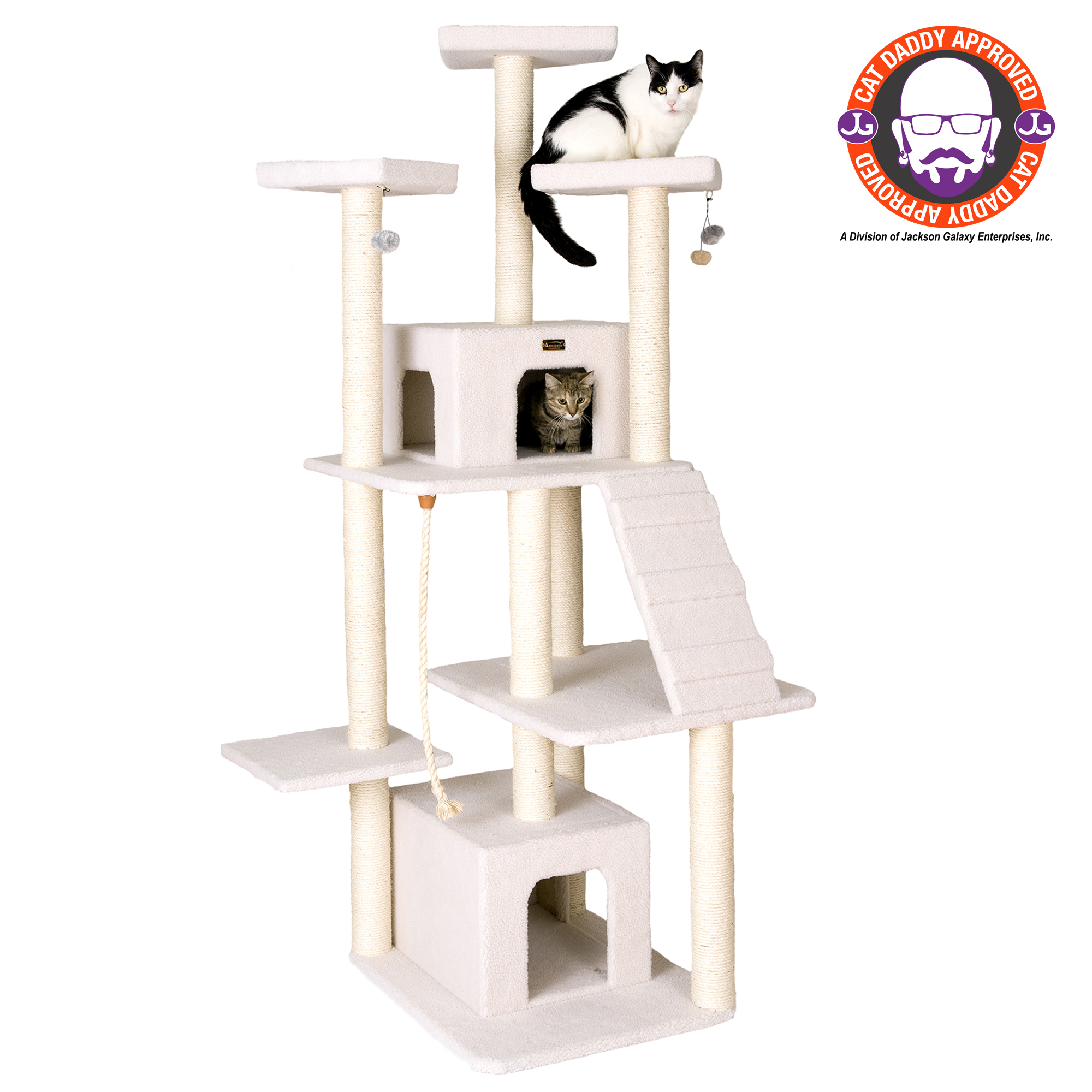 Picture of Armarkat B8201 Classic Real Wood Cat Tree In Ivory  Jackson Galaxy Approved  Multi Levels With Ramp  Three Perches  Rope Swing  Two Condos