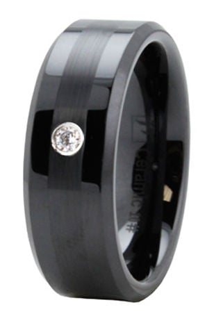 R40058-115 Black Ceramic Ring with CZ & Satin Finish - Size 11.5