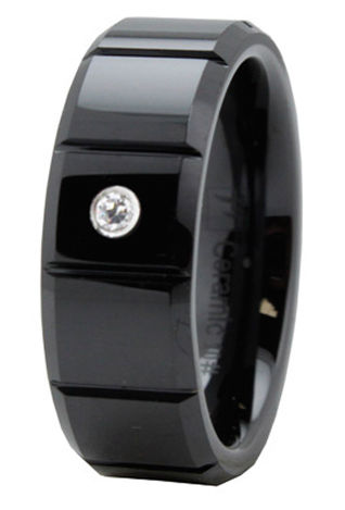 Beveled Black Ceramic Ring with CZ - Size 12.5