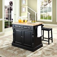 Picture of Crosley Furniture KF300064BK Butcher Block Top Kitchen Island in Black Finish with 24 in. Black Upholstered Saddle Stools