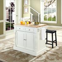 Picture of Crosley Furniture KF300064WH Butcher Block Top Kitchen Island in White Finish with 24 in. Black Upholstered Saddle Stools