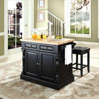 Picture of Crosley Furniture KF300065BK Butcher Block Top Kitchen Island in Black Finish with 24 in. Black Upholstered Square Seat Stools