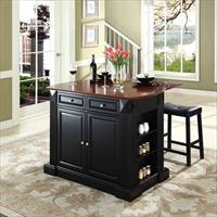 Picture of Crosley Furniture KF300074BK Drop Leaf Breakfast Bar Top Kitchen Island in Black Finish with 24 in. Black Upholstered Saddle Stools