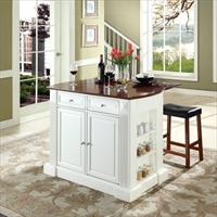 Picture of Crosley Furniture KF300074WH Drop Leaf Breakfast Bar Top Kitchen Island in White Finish with 24 in. Cherry Upholstered Saddle Stools