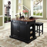 Picture of Crosley Furniture KF300075BK Drop Leaf Breakfast Bar Top Kitchen Island in Black Finish with 24 in. Black Upholstered Square Seat Stools