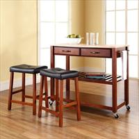 Picture of Crosley Furniture KF300514CH Natural Wood Top Kitchen Cart-Island in Classic Cherry Finish With 24 in. Cherry Upholstered Saddle Stools