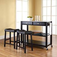 Picture of Crosley Furniture KF300524BK Stainless Steel Top Kitchen Cart-Island in Black Finish With 24 in. Black Upholstered Saddle Stools