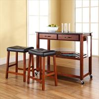 Crosley Furniture  Solid Black Granite Top Kitchen Cart-Island in Classic Cherry Finish With 24 in. Cherry Upholstered Saddle Stools -  BetterBeds, BE383112