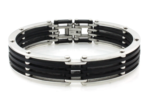 Picture of EWC B30252 Two-Tone Stainless Steel Biker Rubber Cuff Bracelet