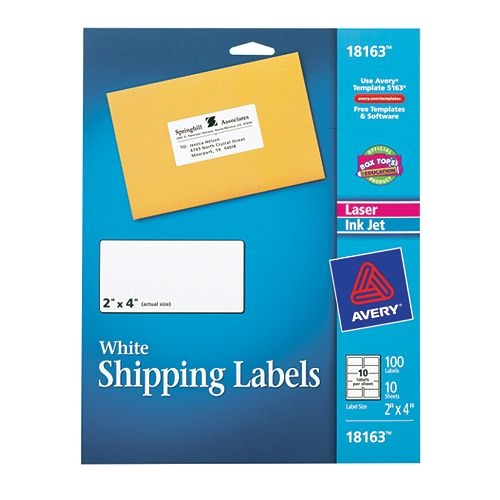 Picture of AVERY AVE18163 White Ink Jet Mailing Labels 2 in. X 4 in. 100 Per Pack