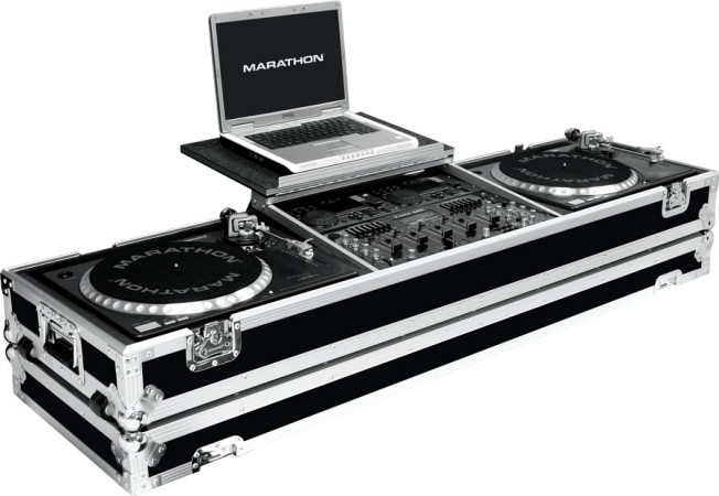 Picture of MARATHON PROFESSIONAL MA-DJ19WLTSTANDA Holds 2 Turntables In Standard Style Position with 19 in. 8U Mixer with Low Profile Wheels and Laptop Shelf