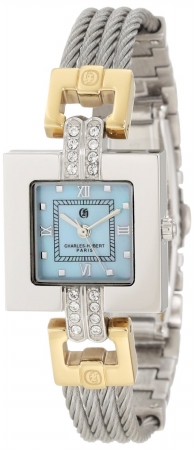 Picture of Charles-Hubert Paris 6807-T Two-Tone Stainless Steel Wire Bangle Light Blue MOP Dial Watch