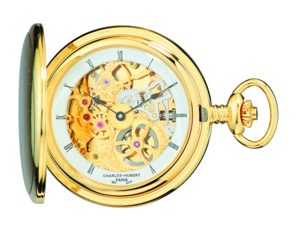 Picture of Charles-Hubert Paris 3906-G Brushed Finish Gold-Plated Stainless Steel Hunter Case Mechanical Pocket Watch