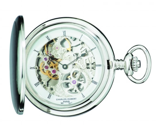 Picture of Charles-Hubert Paris 3906-W Brushed Finish Stainless Steel Hunter Case Mechanical Pocket Watch