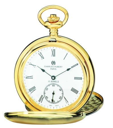 Picture of Charles-Hubert Paris 3907-GR Polished Finish Gold-Plated Stainless Steel Double Cover Mechanical Pocket Watch