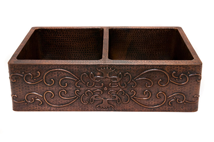 Picture of Premier Copper Products KA50DB33229S 33 in. Hammered Copper Kitchen Apron 50-50 Double Basin Sink with Scroll Design