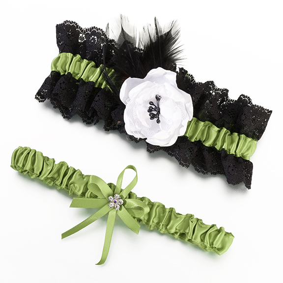 Lillian Rose Green and Black Lime Feather Wedding Garter Set, One Size