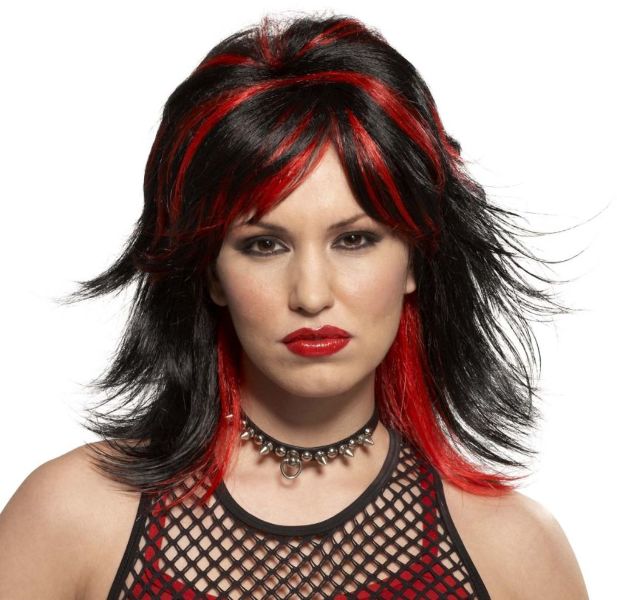 Picture of WMU 556941 Black/Red Streaked Shag Unisex Rocker Wig