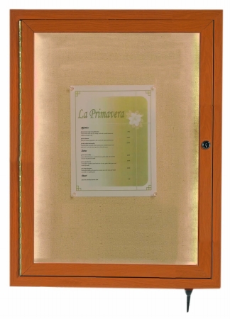 Picture of Aarco Products  Inc. LWL2418O Indoor/Outdoor LED Lighted Display Case with Oak Wood-Look Finish. Posting Surface is Neutral Burlap Weave Vinyl. 24 in.Hx18 in.W. One Door.