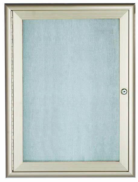 Picture of Aarco Products  Inc. OWFC2418 Enclosed Bulletin Board with Aluminum Waterfall Style Frame. Frame is Silver. Back Panel is Neutral Burlap Weave Vinyl. 24 in.Hx18 in.W. One Door.
