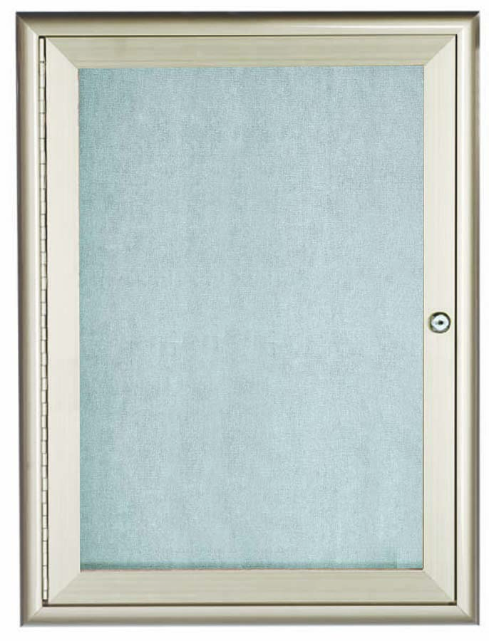 Picture of Aarco Products  Inc. OWFC3624 Enclosed Bulletin Board with Aluminum Waterfall Style Frame. Frame is Silver. Back Panel is Neutral Burlap Weave Vinyl. 36 in.Hx24 in.W. One Door.