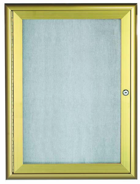 Picture of Aarco Products  Inc. OWFC2418G Enclosed Bulletin Board with Aluminum Waterfall Style Frame. Frame is Gold. Back Panel is Neutral Burlap Weave Vinyl. 24 in.Hx18 in.W. One Door.