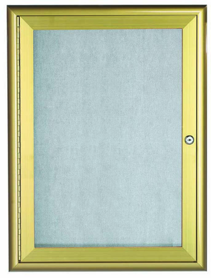 Picture of Aarco Products  Inc. OWFC3624G Enclosed Bulletin Board with Aluminum Waterfall Style Frame. Frame is Gold. Back Panel is Neutral Burlap Weave Vinyl. 36 in.Hx24 in.W. One Door.