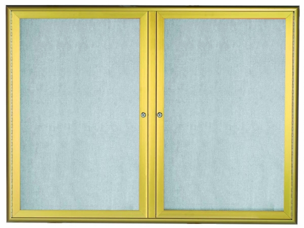 Picture of Aarco Products  Inc. OWFC3648G Enclosed Bulletin Board with Aluminum Waterfall Style Frame. Frame is Gold. Back Panel is Neutral Burlap Weave Vinyl. 36 in.Hx48 in.W. Two Door.