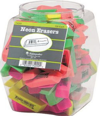 Picture of Baumgartens Pencil Erasers NEON Hexagonal Tub Display of 100 ASSORTED Colors (74099)
