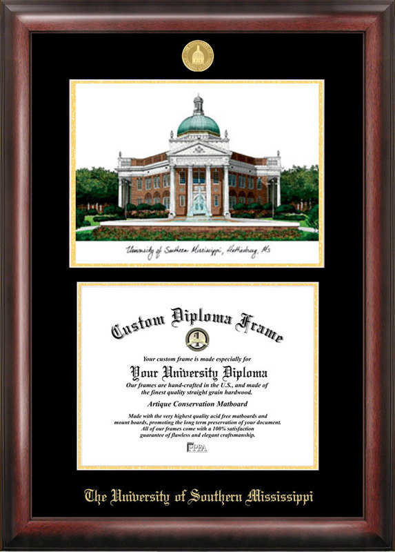 Picture of Campus Images MS998LGED Southern Mississippi Gold embossed diploma frame with Campus Images lithograph