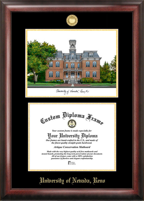 University of Nevada Gold embossed diploma frame with lithograph