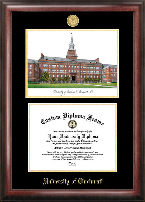 University of Cincinnati Gold embossed diploma frame with lithograph
